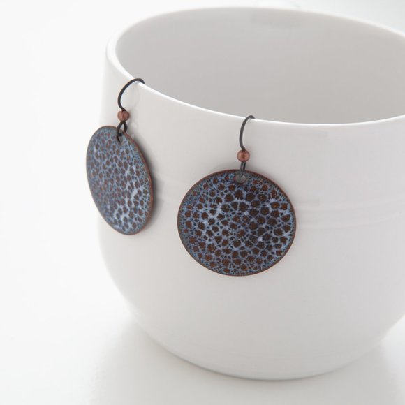 Handmade Copper Enamel Earrings Pierced Dangle Round Boho Rustic Handcrafted - Picture 5 of 11